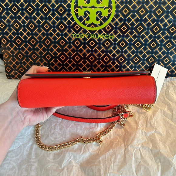 Tory Burch Emerson Chain Wallet Crossbody Bag Bright Samba Gold Red - Picture 2 of 14